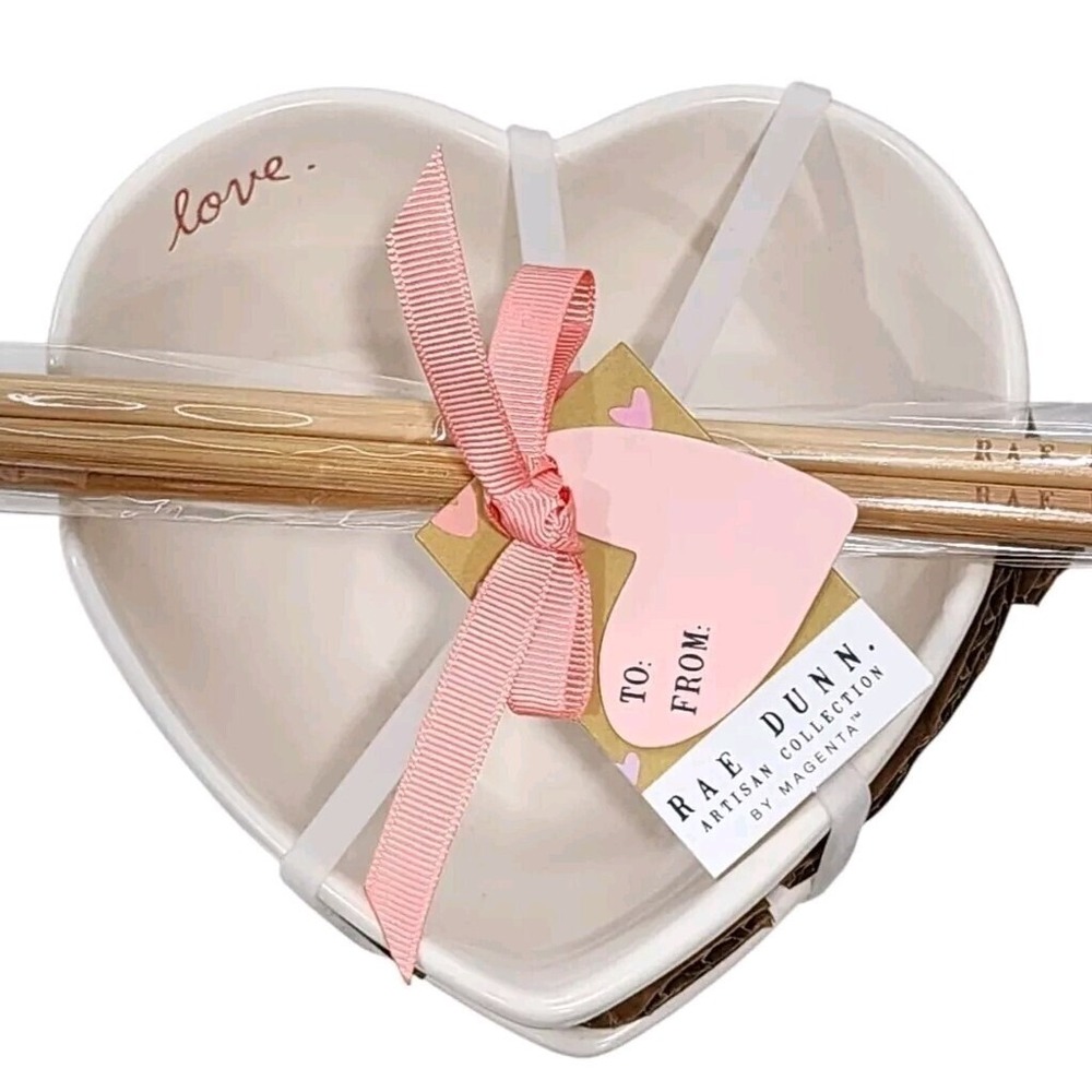 Rae Dunn Love Sweet Heart Bowls Set of 2 with 4 Chopsticks Ivory & Pink Gift Set
